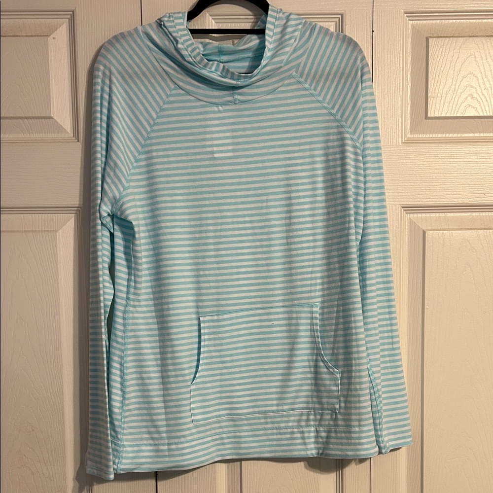 KIWI KATE Size Large NWT Aqua Blue Whtie Striped Lightweight Sun Cowl Hoodie